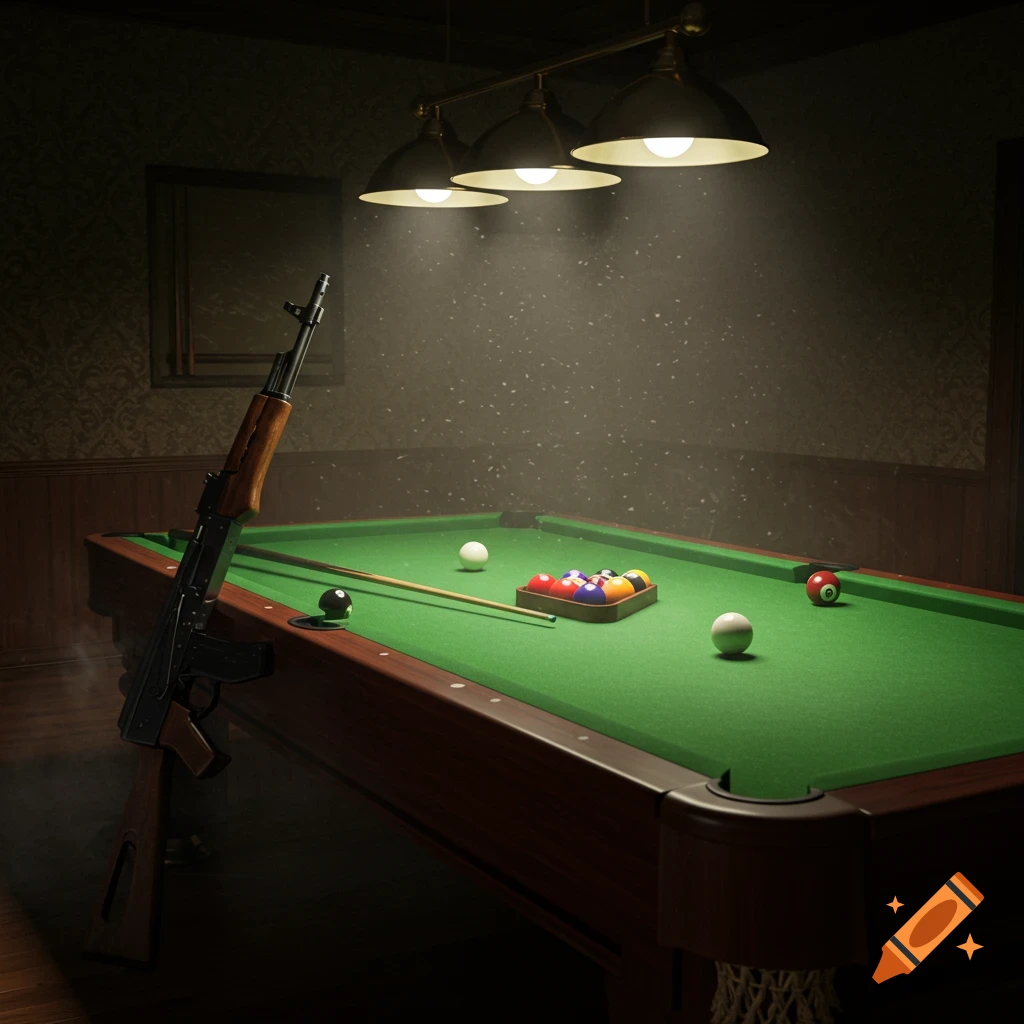 A realistic AK-47 rifle leans against a green 8-ball pool table in a dimly lit room, under bright pendant lights.