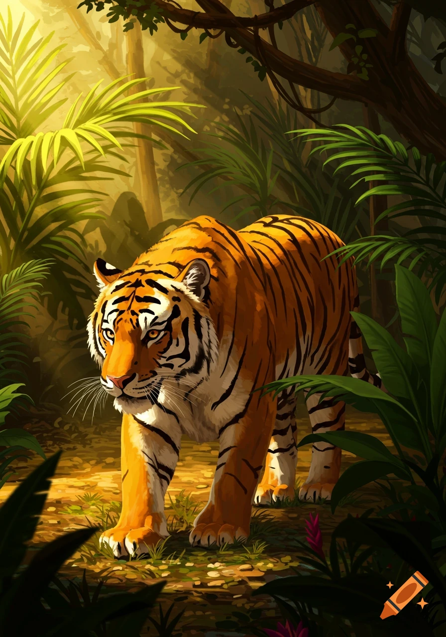A vibrant illustration of an orange and black striped tiger walking through a sunlit, lush green jungle.