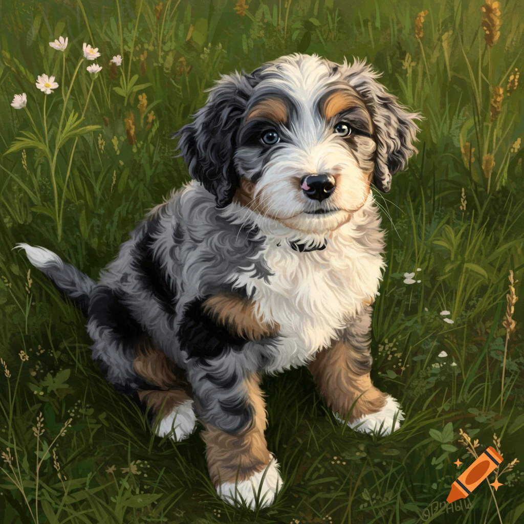A realistic illustration of a fluffy merle Bernedoodle puppy sitting in a green grassy field with small white flowers.