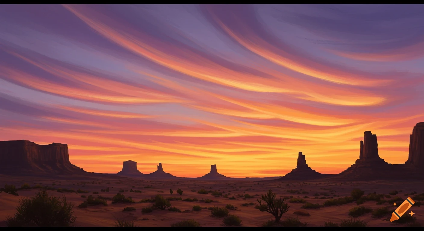 Desert landscape with silhouetted rock formations under a vibrant orange and purple sunset sky.