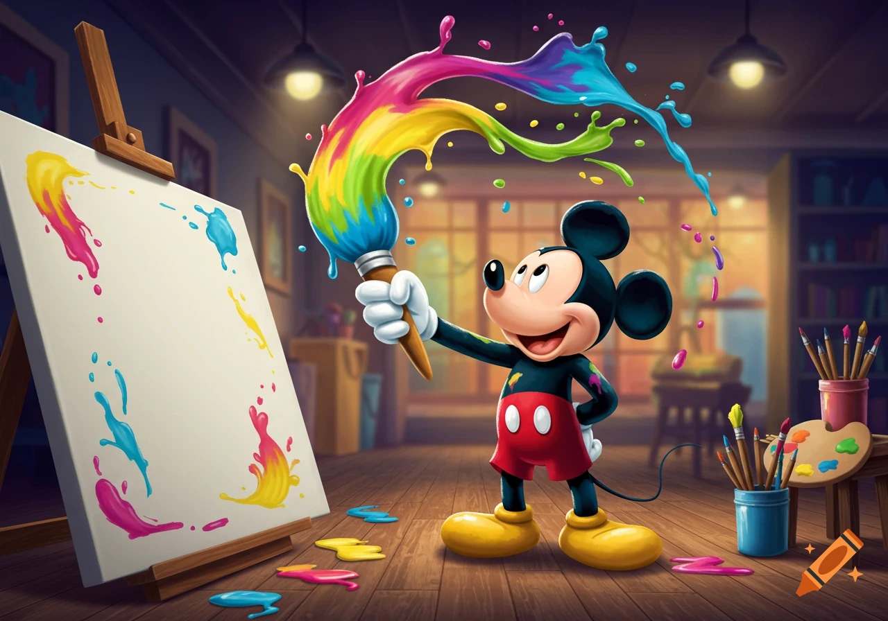 Cartoon Mickey Mouse joyfully paints on an easel, splashing vibrant rainbow colors in an art studio.