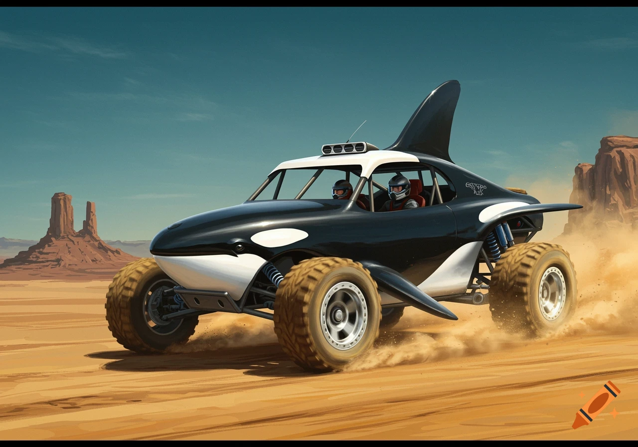 A killer whale-themed baja buggy drives through a dusty desert landscape with rock formations.