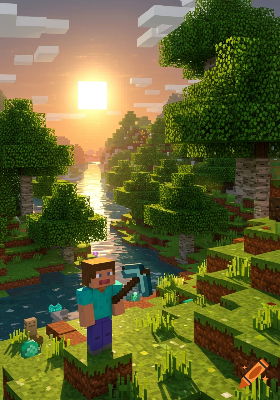 Minecraft character Steve with a pickaxe by a river at sunset in a blocky landscape.