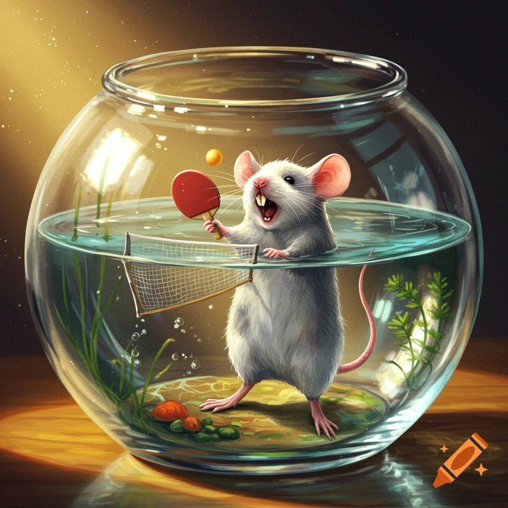 A white mouse with large teeth plays ping pong inside a goldfish bowl filled with water.