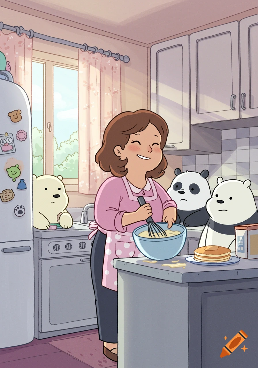A cartoon woman in a pink apron whisks batter in a kitchen while three bear characters from We Bare Bears watch. Pancakes are on the counter.