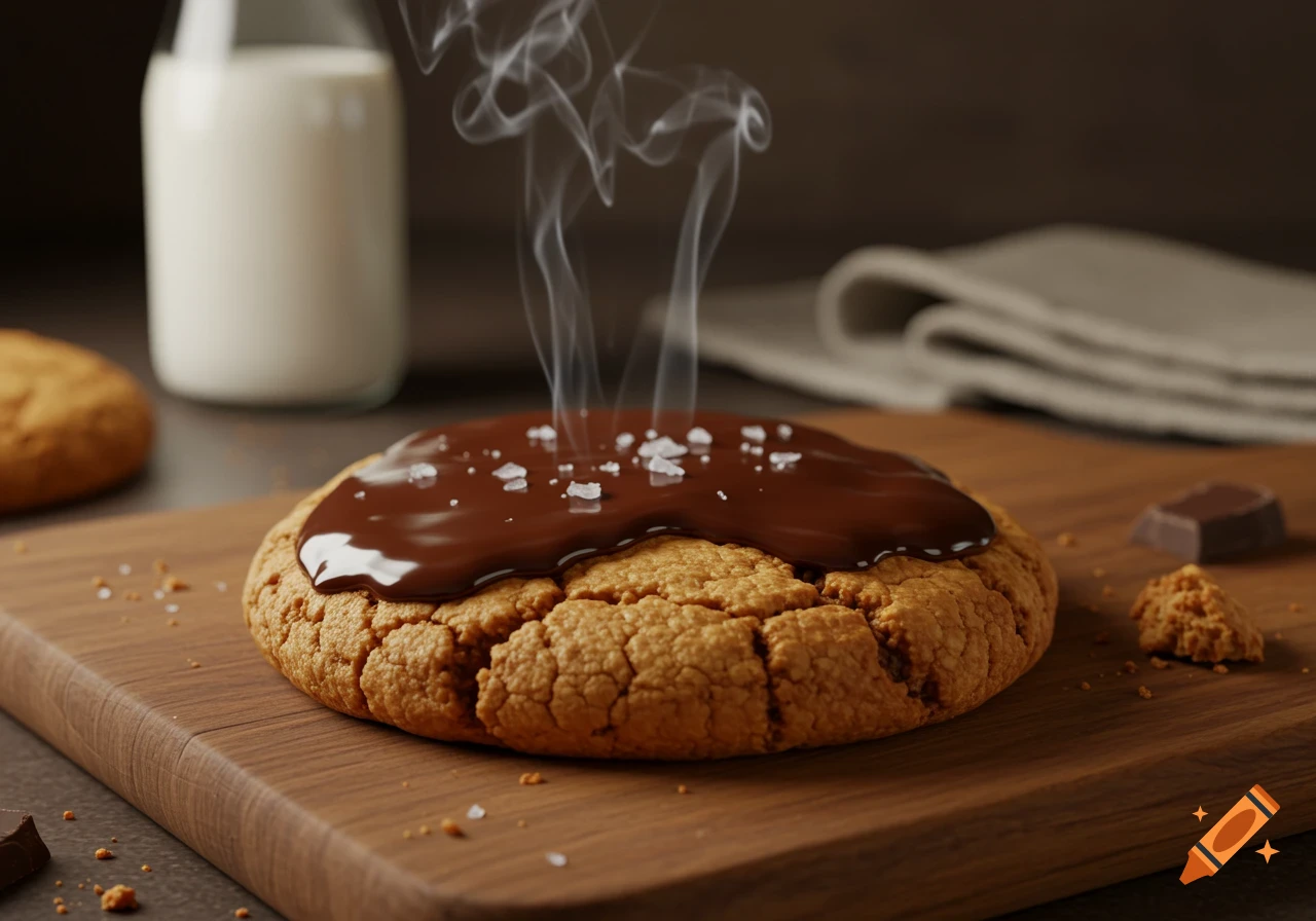 Warm cookie with melted chocolate and sea salt on a wooden board, with a bottle of milk in the background.