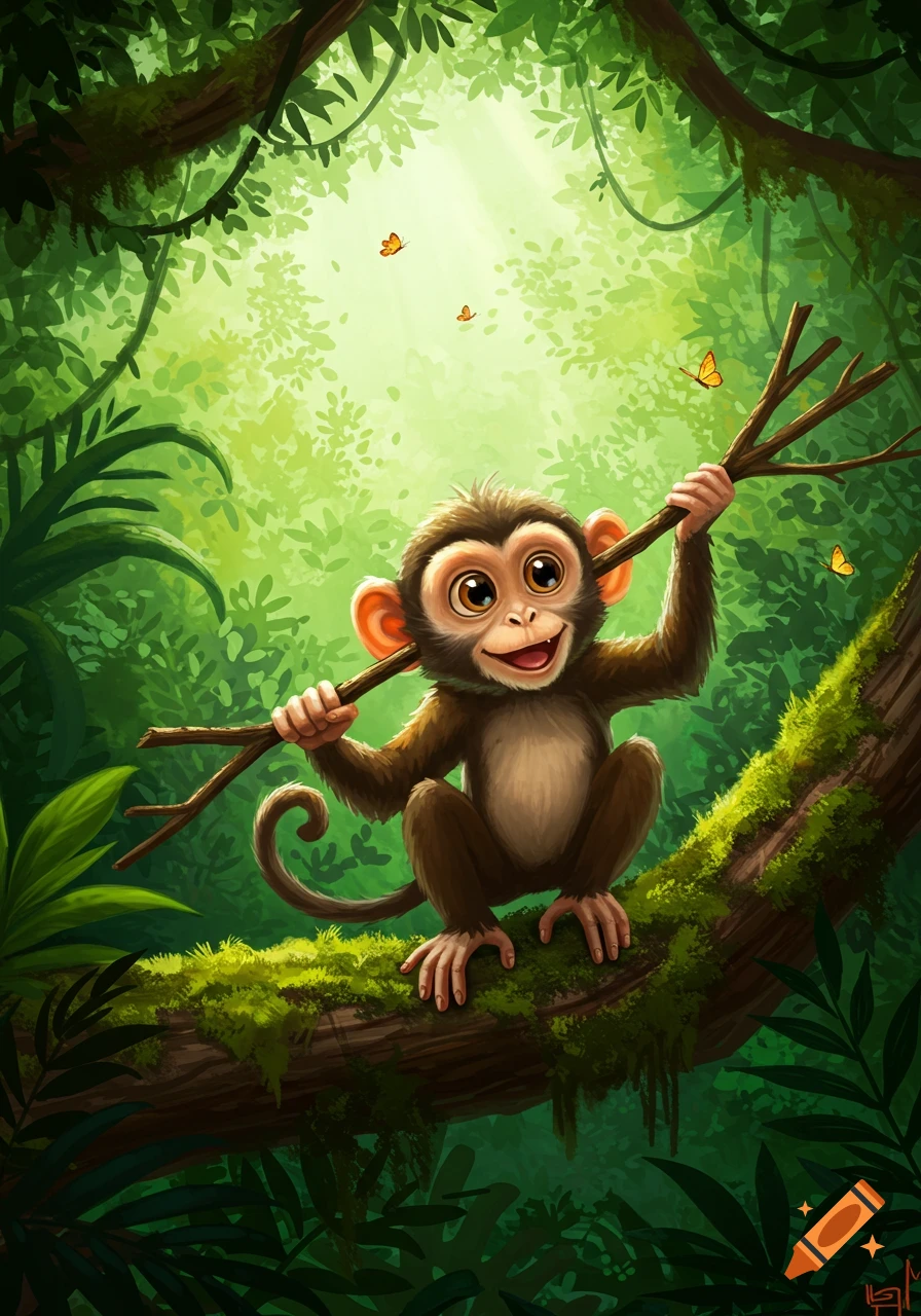 A cute, cartoon baby monkey with big eyes smiles on a mossy tree branch in a vibrant green jungle, holding a stick. Butterflies flutter.