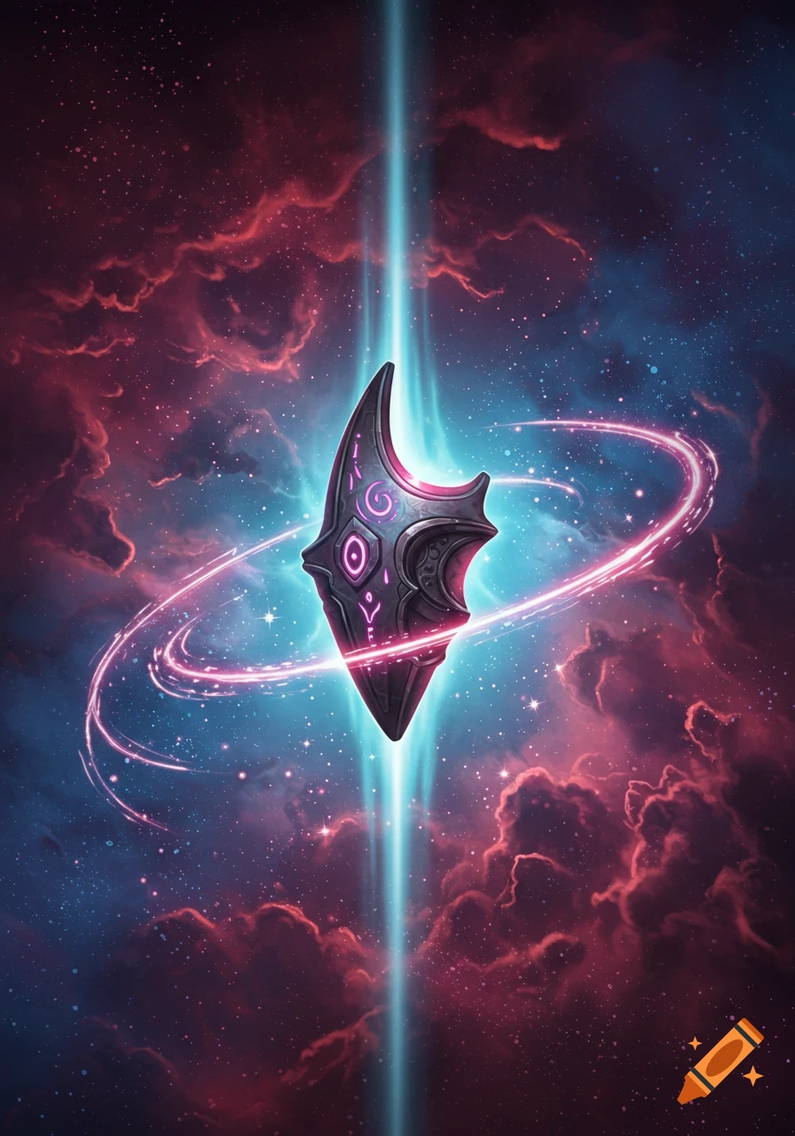 A mystical shield-like artifact with glowing purple symbols floating in deep space amidst red nebula clouds and stars.