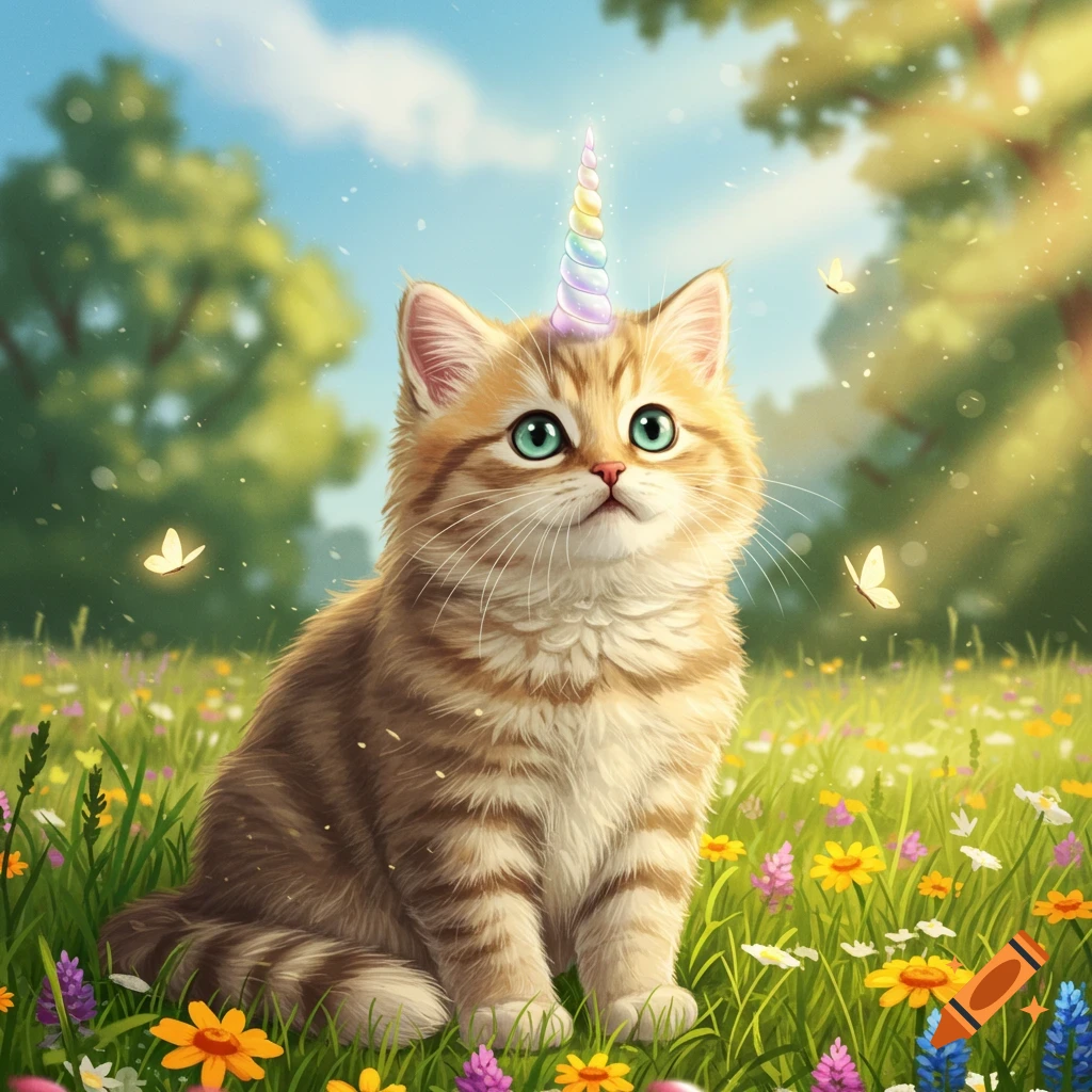 A cute ginger kitten with a rainbow unicorn horn sits in a sunny field of colorful wildflowers with butterflies, digital painting.