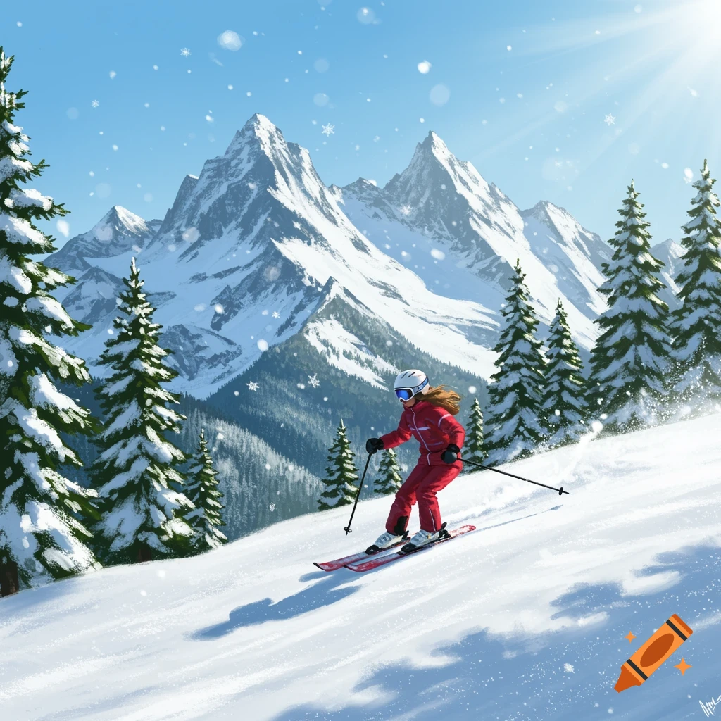 A girl in a red ski suit skis down a snow-covered mountain with pine trees and large peaks under a sunny blue sky.