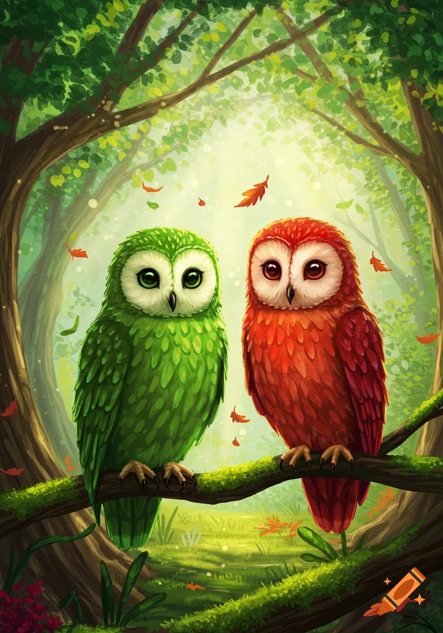 Stylized illustration of a green owl and a red owl perched on a mossy branch in an enchanted forest with sunlight and falling leaves.