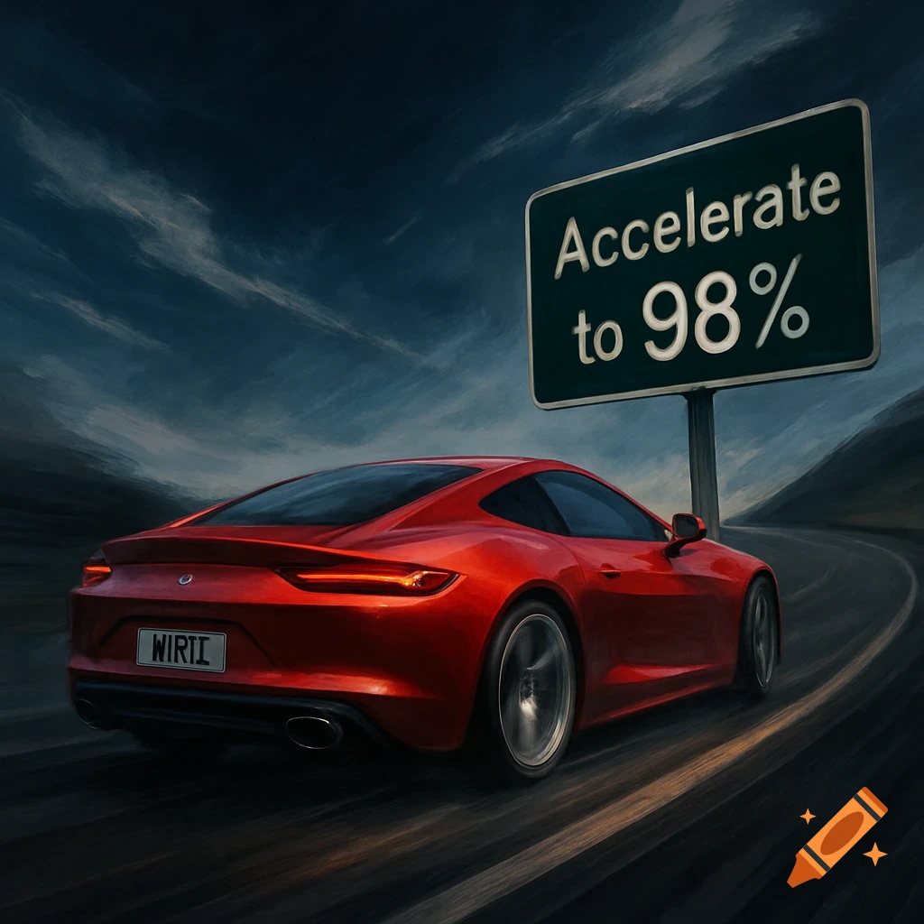 A red sports car speeds on a road under a dark sky, passing a sign reading 'Accelerate to 98%'.