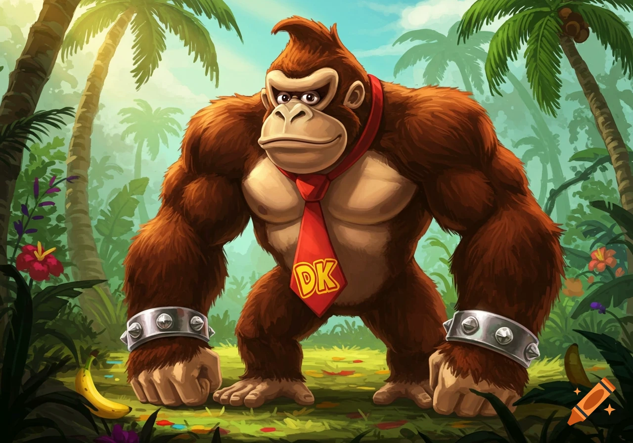 Donkey Kong stands in a vibrant jungle, wearing a red tie with 'DK' and silver studded wristbands.