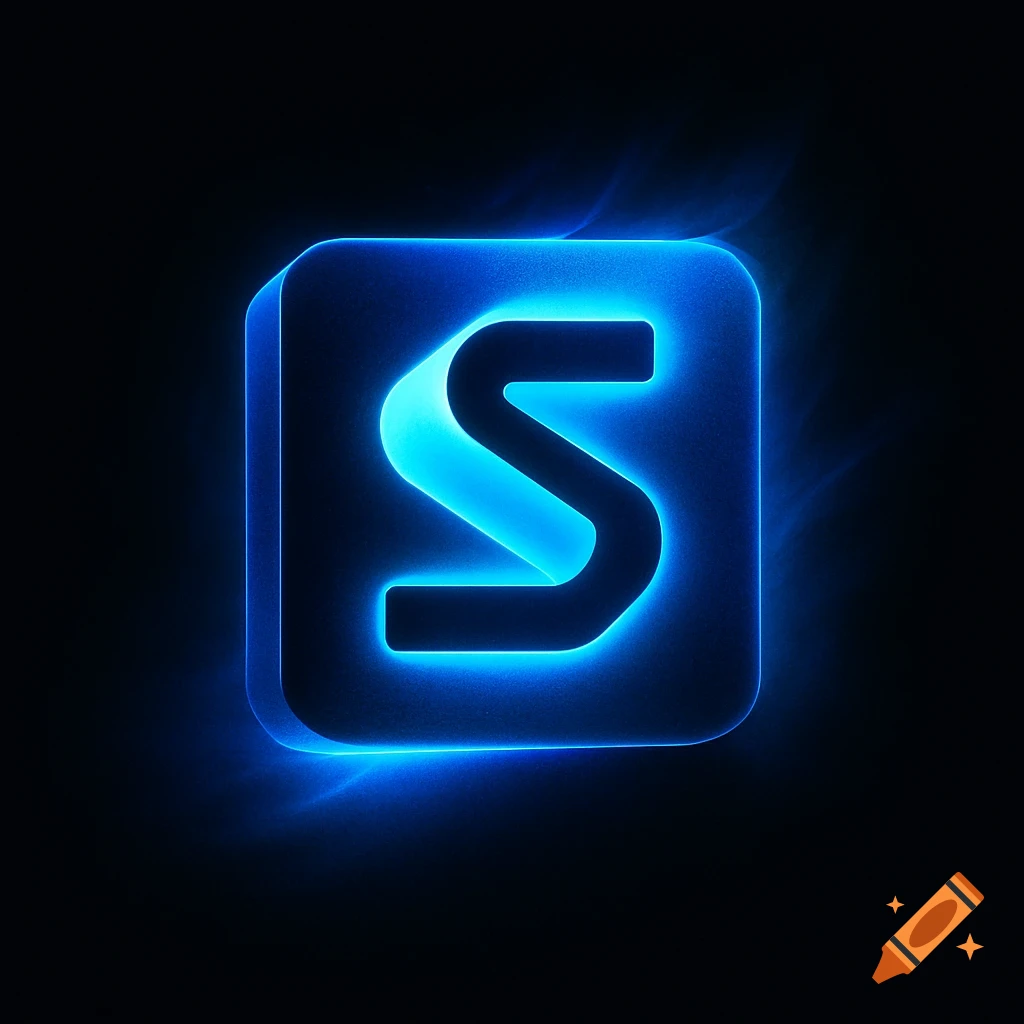 A glowing blue letter S on a dark background, resembling a neon logo.