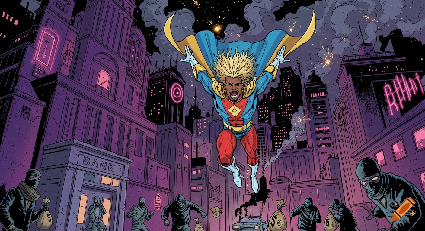 A comic book style image of an African American superhero with wild blonde hair crashing down from the sky towards bank robbers in a neon-lit city at night.