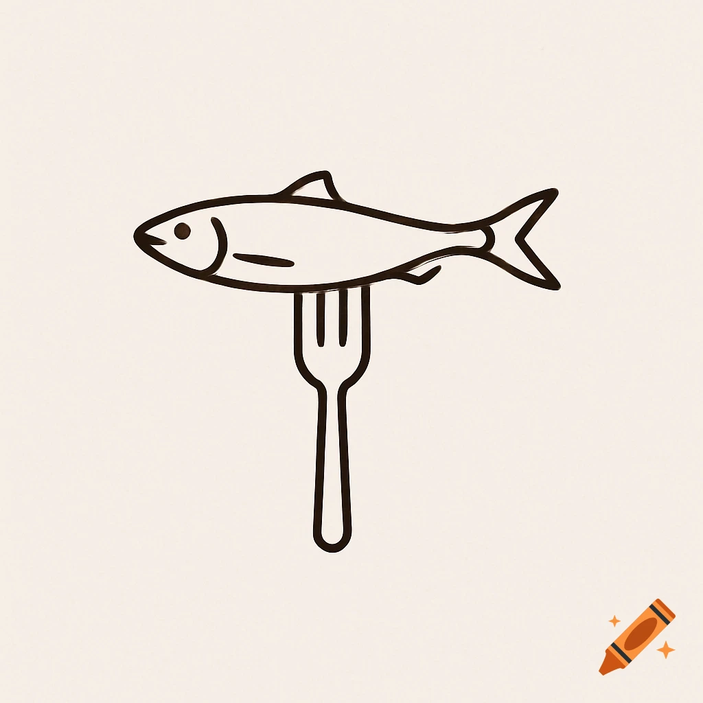 Minimalist line art illustration of a fish on a fork.