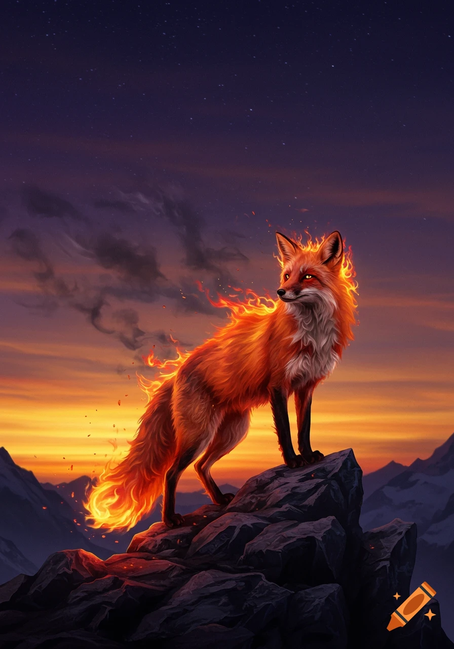 A fiery fox with glowing eyes stands atop a rocky mountain peak at sunset, surrounded by flames.