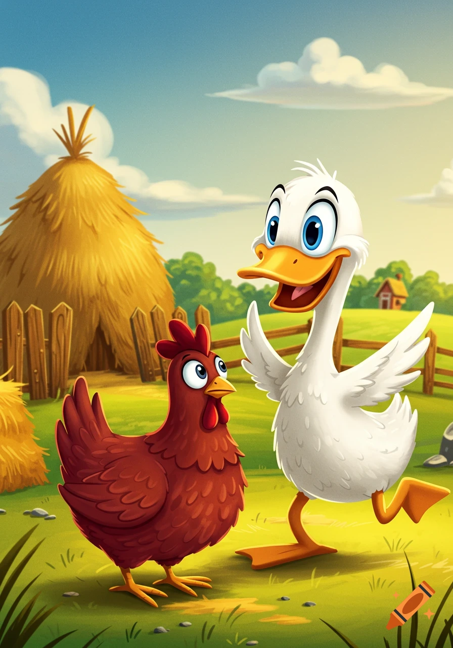 A happy cartoon white duck and a maroon chicken stand in a green field on a sunny farm.