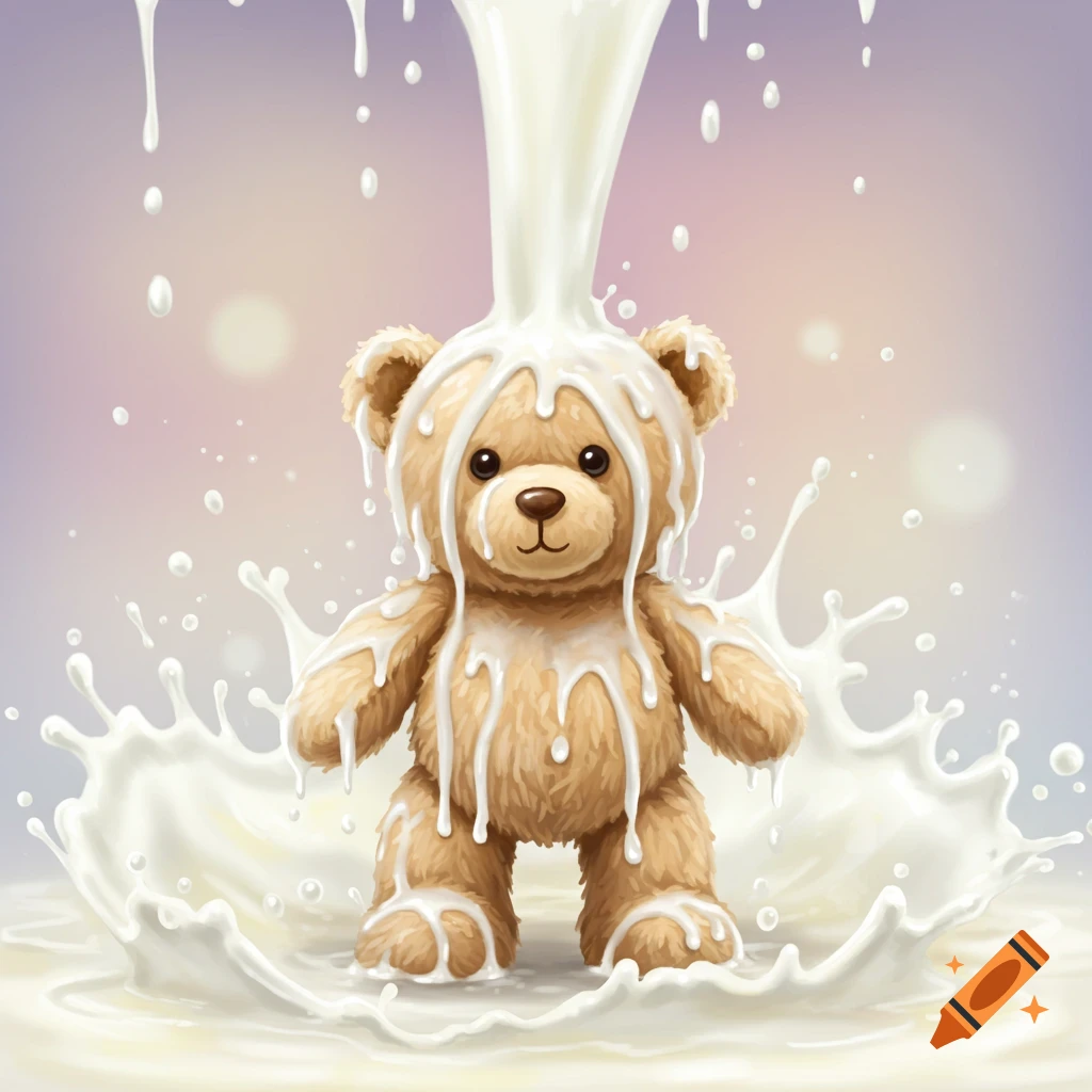 An illustration of a cute brown teddy bear standing in a splash of white milk, with milk pouring over its head.