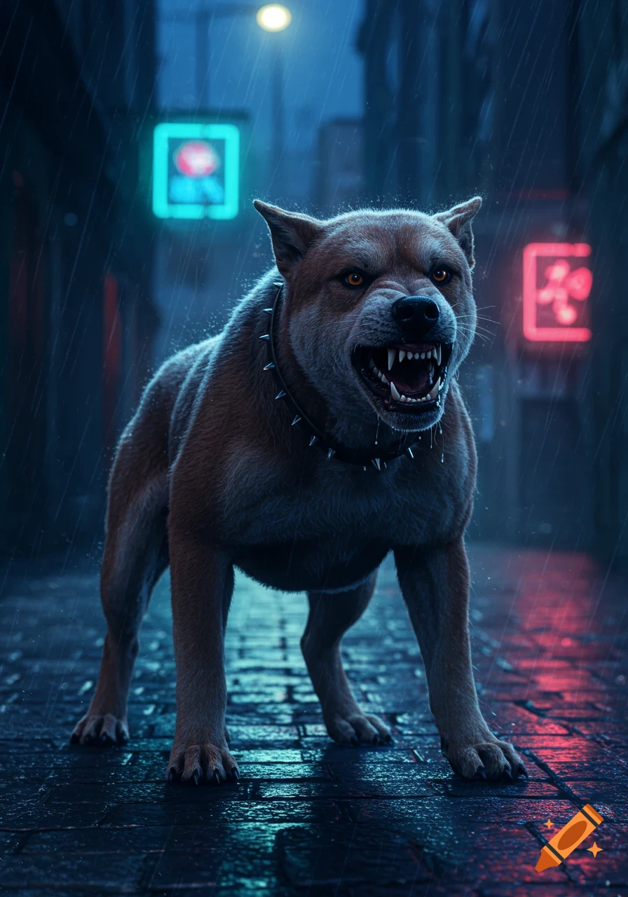 An angry, snarling dog wearing a spiked collar stands in a dark, rainy cyberpunk alley illuminated by neon signs.