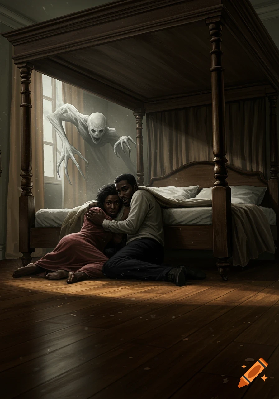 A frightened Black couple huddles on the floor of a dark bedroom as a gaunt, white monster with long claws looms through the window.