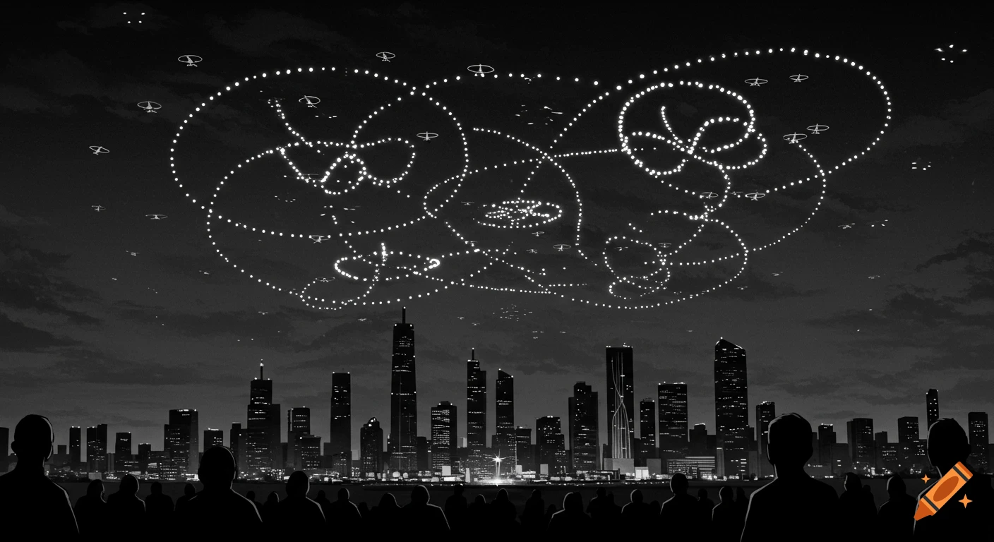 Black and white storyboard panel of a crowd watching a drone show over a city skyline at night.