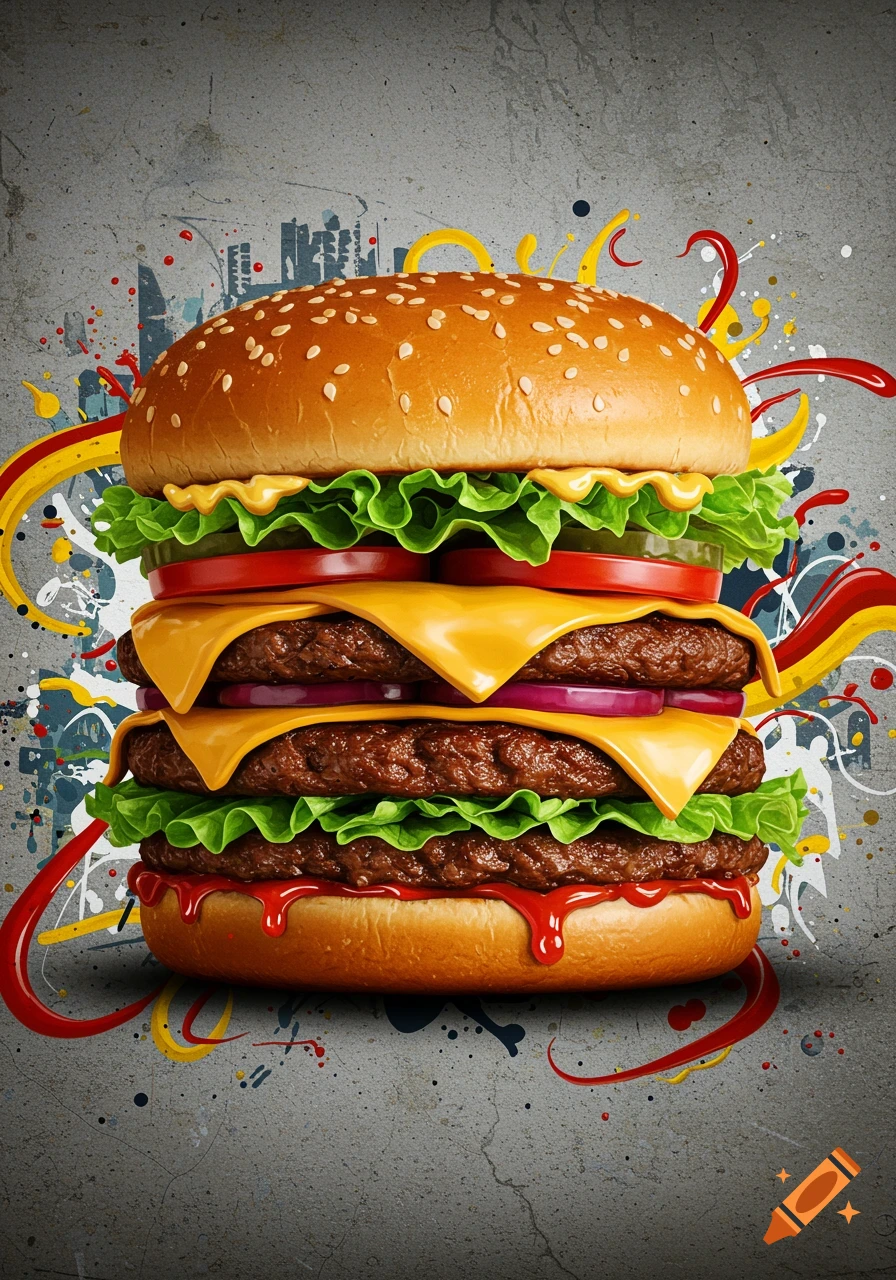 A delicious photorealistic double cheeseburger with lettuce, tomato, onion, and cheese, against a vibrant, colorful graffiti background.