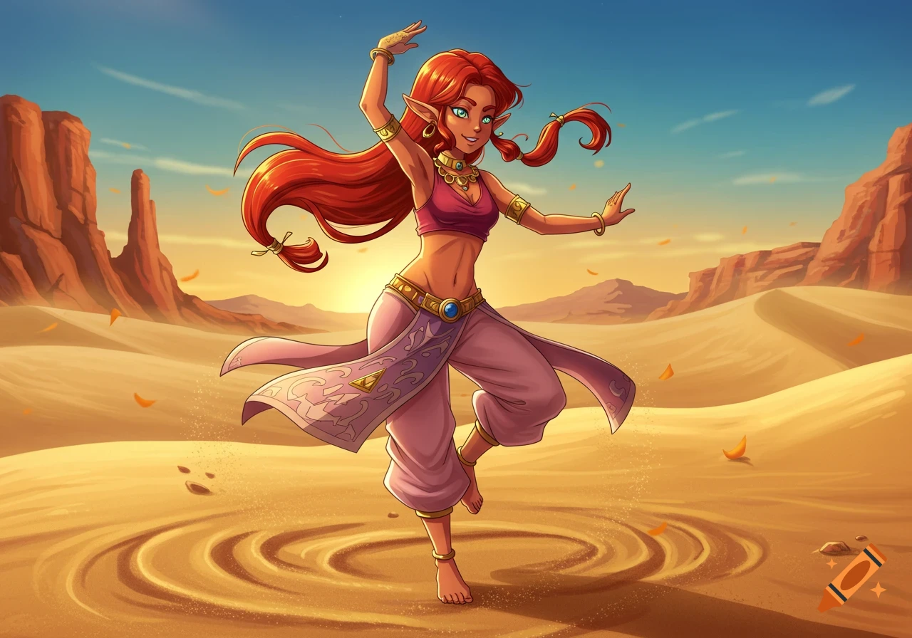 An anime-style Gerudo girl with red hair dances in the desert at sunset.