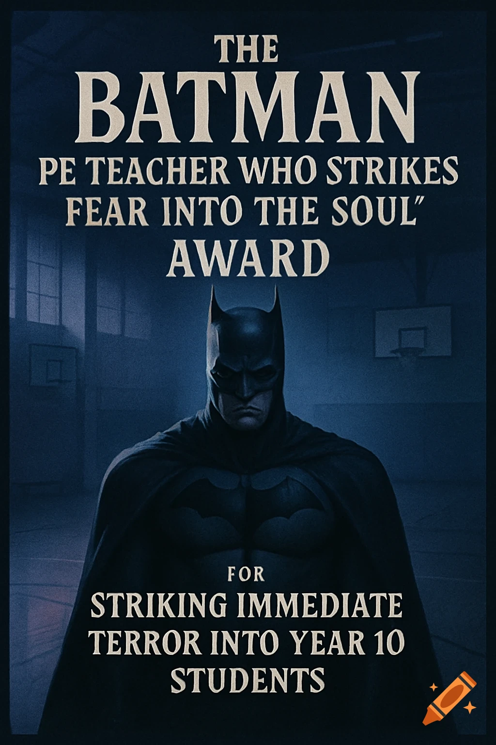 A dark, stylized poster features Batman in the foreground against a dimly lit gym. Text reads "THE BATMAN PE TEACHER WHO STRIKES FEAR INTO THE SOUL" AWARD FOR STRIKING IMMEDIATE TERROR INTO YEAR 10 STUDENTS."