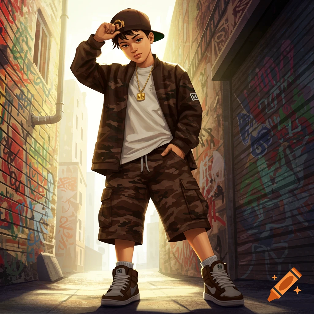 A young boy in hip-hop style clothing, including a camouflage jacket and shorts, and a backward cap, poses in a graffiti-covered urban alleyway.
