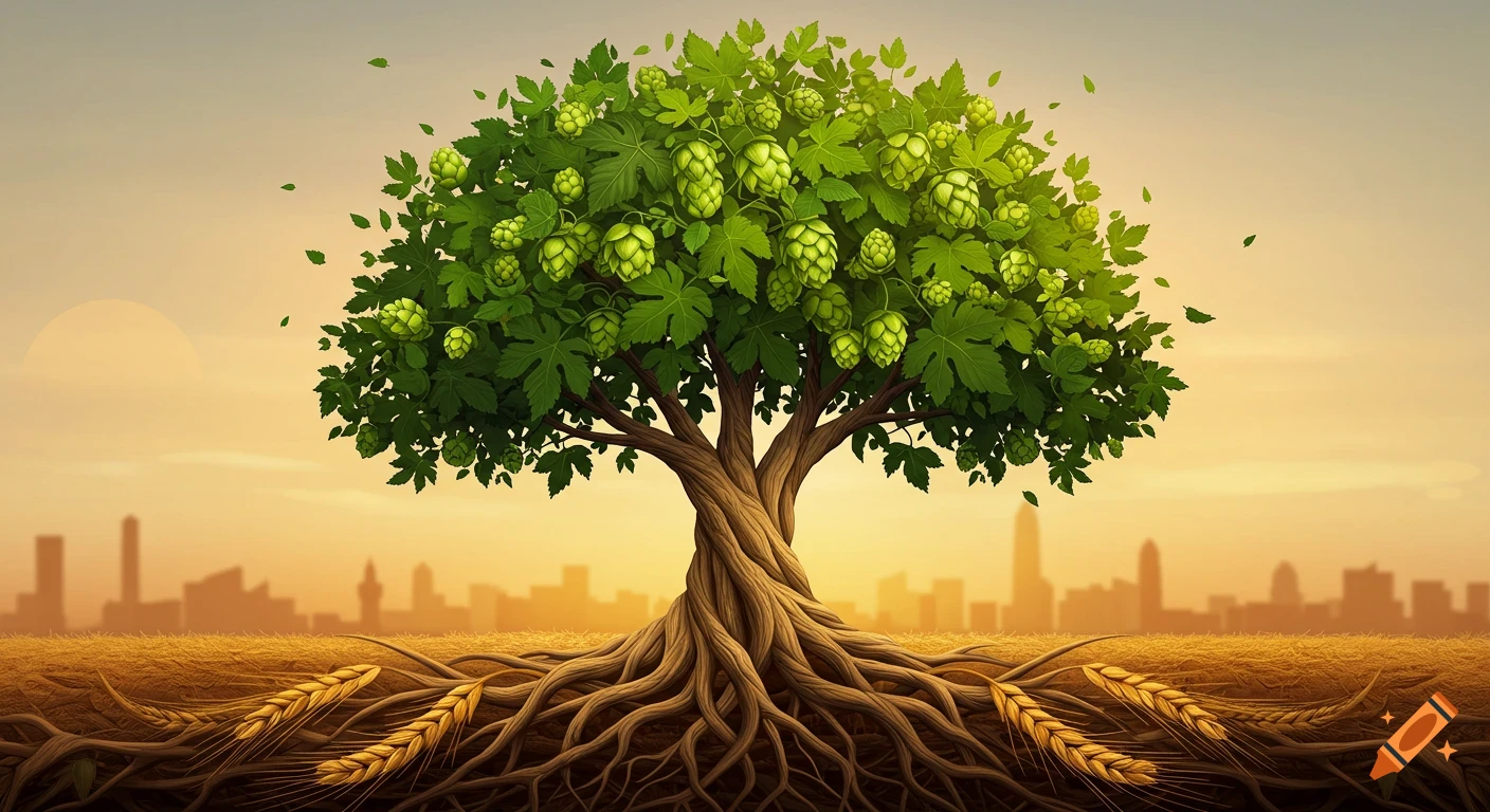 An illustration of a tree with hops as its leaves and barley as its roots, set against a sunset sky with a city skyline in the background.
