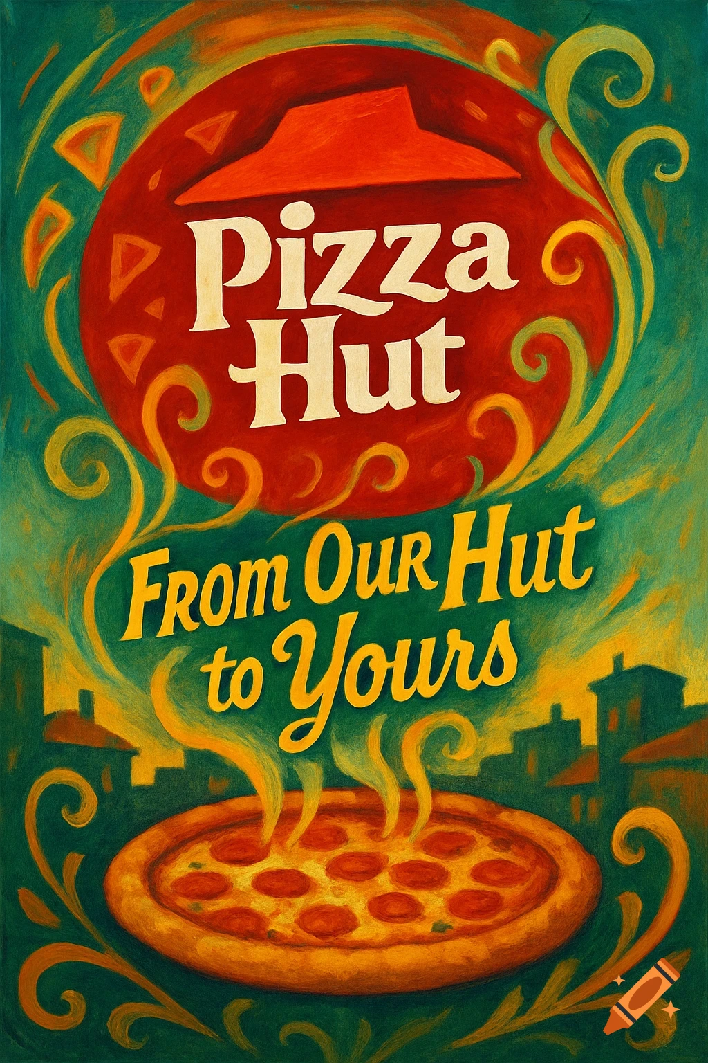 A colorful, painterly poster for Pizza Hut featuring its logo, 'Pizza Hut' and 'From Our Hut to Yours' text, and a steaming pizza.