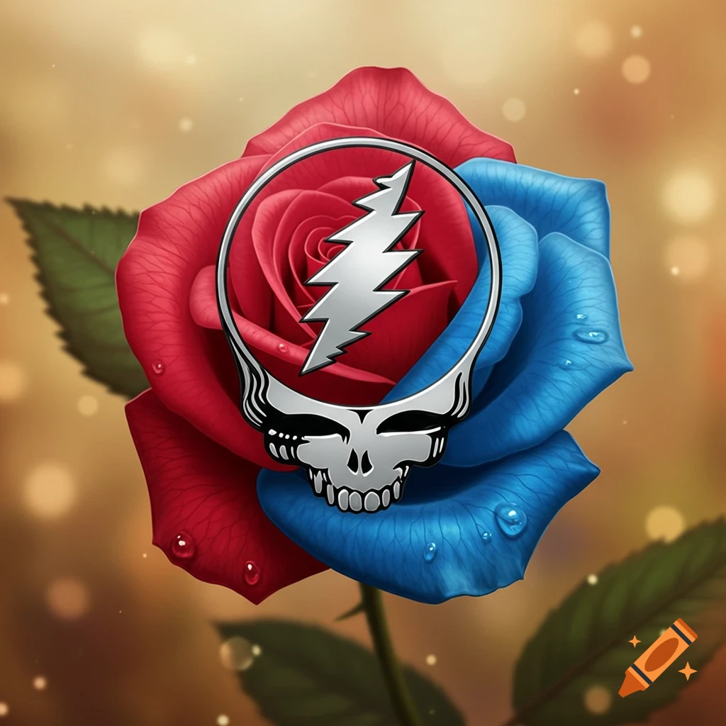 A half red, half blue rose with a metallic Grateful Dead skull and lightning bolt logo in the center, featuring water droplets.