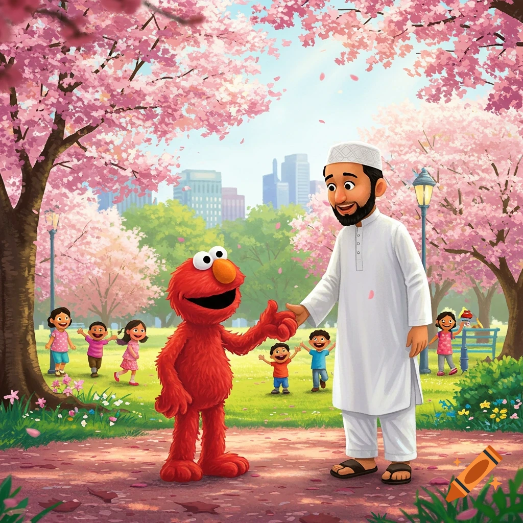 Elmo shakes hands with a man in white Muslim attire in a sunny park with pink cherry blossoms, children playing, and a city skyline.