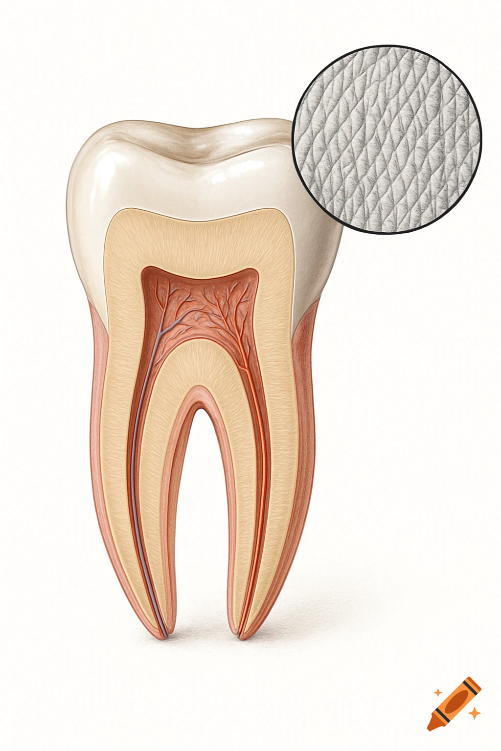 A highly detailed cross-section of a human molar tooth, showing enamel, dentin, and pulp, with a zoomed-in inset of enamel structure.