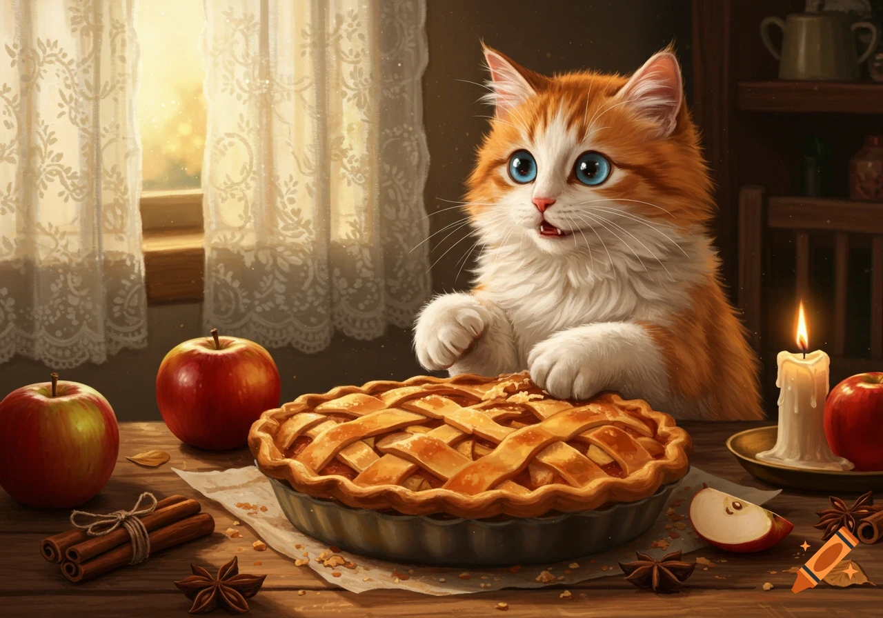A cute ginger and white cat with large blue eyes reaches a paw towards a lattice-top apple pie on a wooden table, surrounded by red apples, cinnamon sticks, and star anise in a sunlit room.