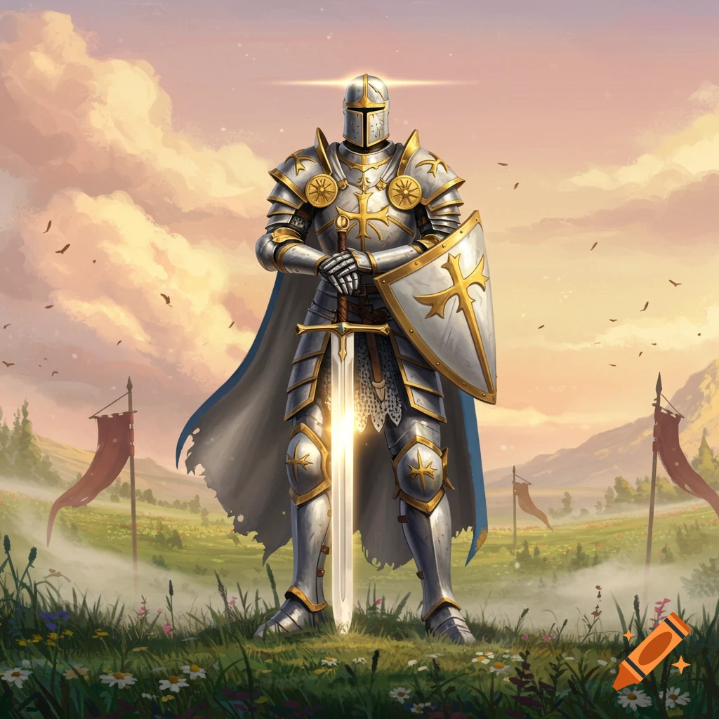 A valiant knight in shining armor holding a sword and shield, standing in a vibrant field under a sunset sky.