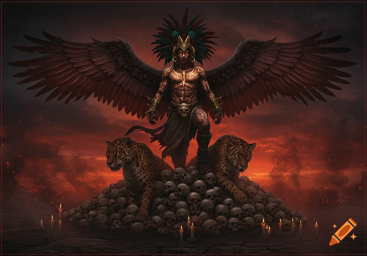 A dark fantasy illustration of a winged, tattooed deity with jaguars, standing atop a mound of skulls under a red, stormy sky.