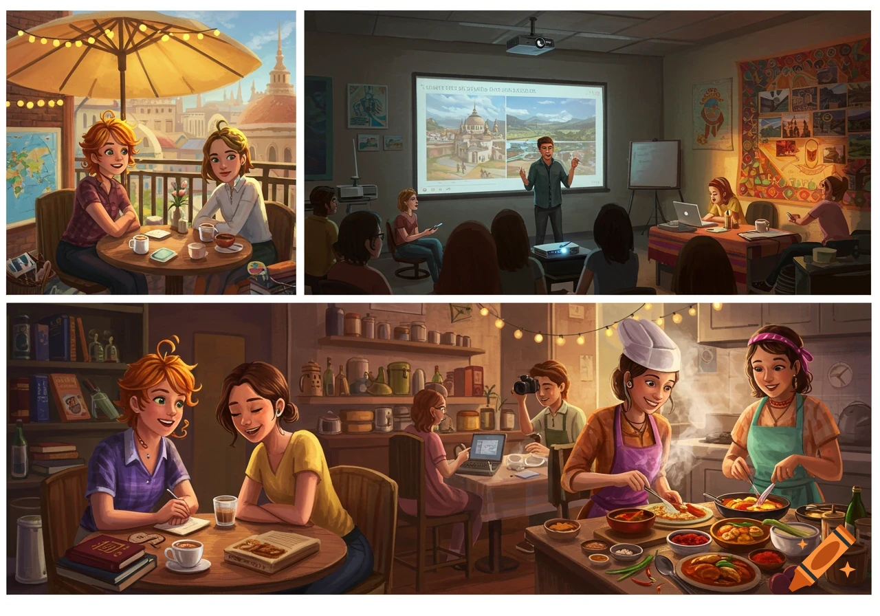 A four-panel image illustrating a story. Top-left: Two women chatting at an outdoor cafe. Top-right: A man giving a presentation to a group. Bottom-left: Two women studying or reading together. Bottom-right: Two women cooking in a kitchen while another person films them.