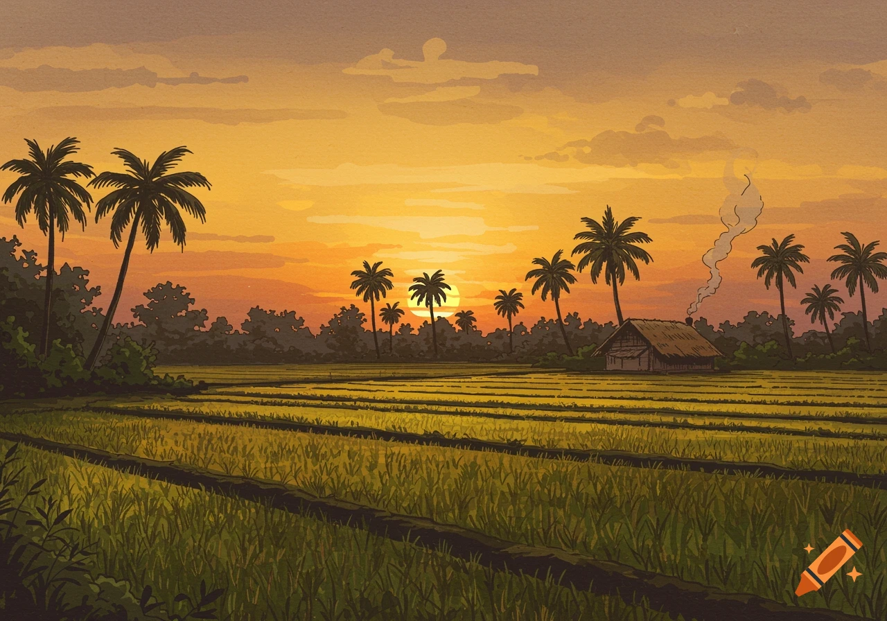 A hand-drawn rural South Indian landscape with rice fields, palm trees, and a hut, under a warm orange sunset.