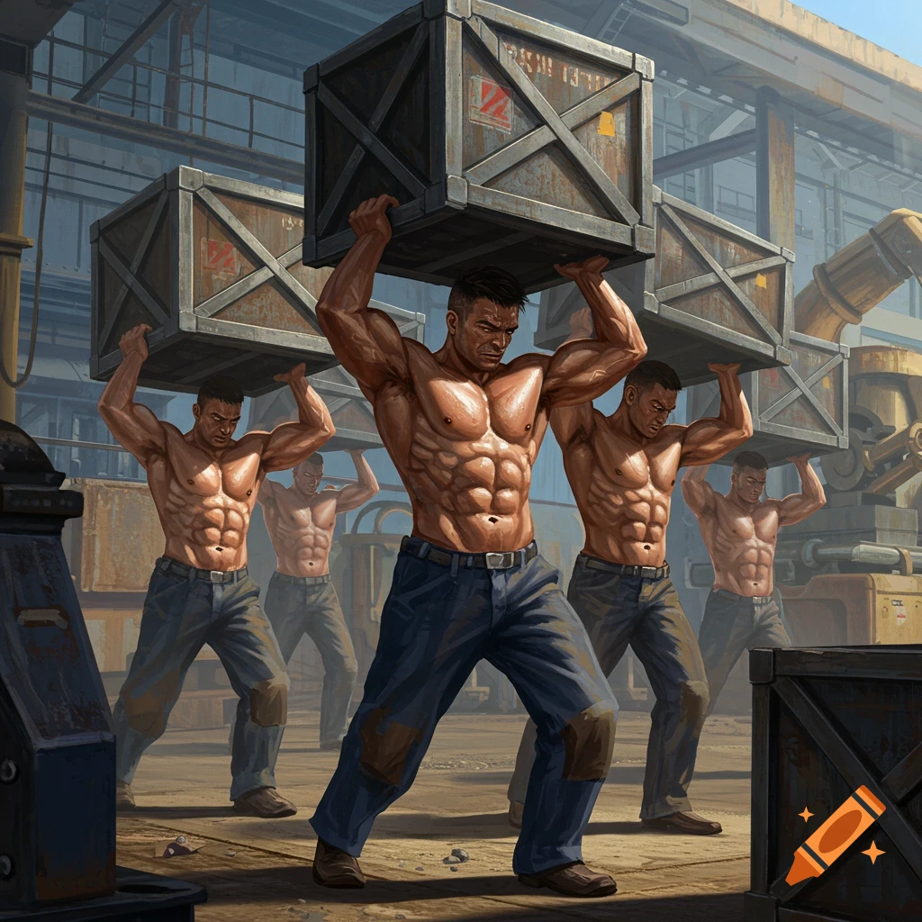 Muscular men carry large wooden crates on their shoulders in an industrial factory setting, digital art.