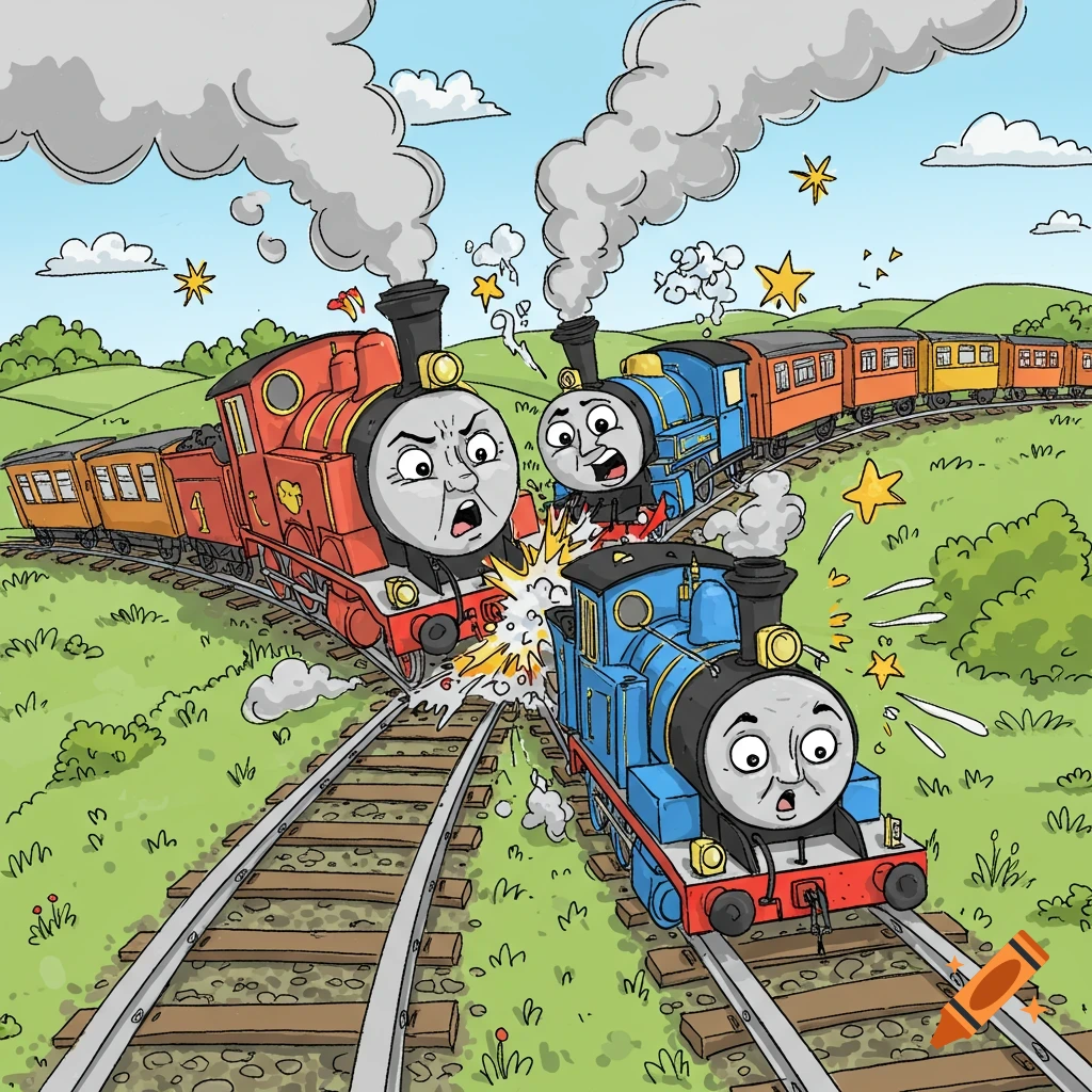Doodle of three anthropomorphic trains in a head-on collision on tracks in a grassy field.