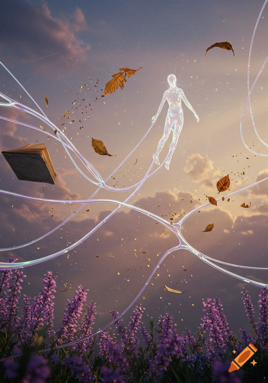 A shimmering, translucent figure floats upward through an ethereal sky at sunset, surrounded by glowing lines, falling leaves, and purple flowers below.