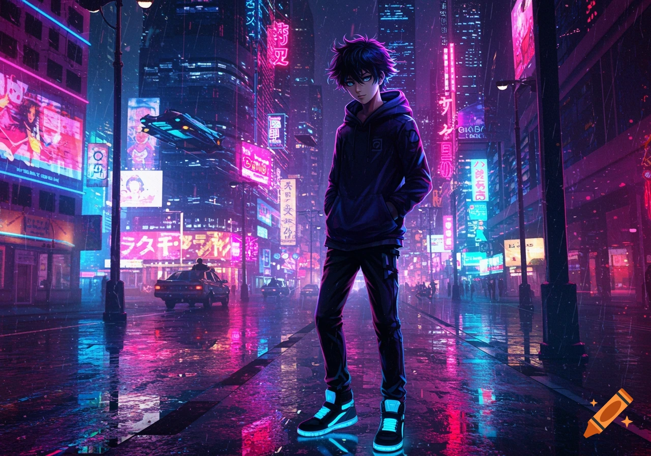 An anime boy stands in a futuristic cyberpunk city street illuminated by vibrant neon signs and reflections on the wet pavement.
