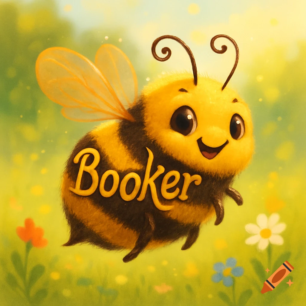 A cute, fluffy animated bumblebee with the word Booker on its body, flying in a sunny field with flowers.