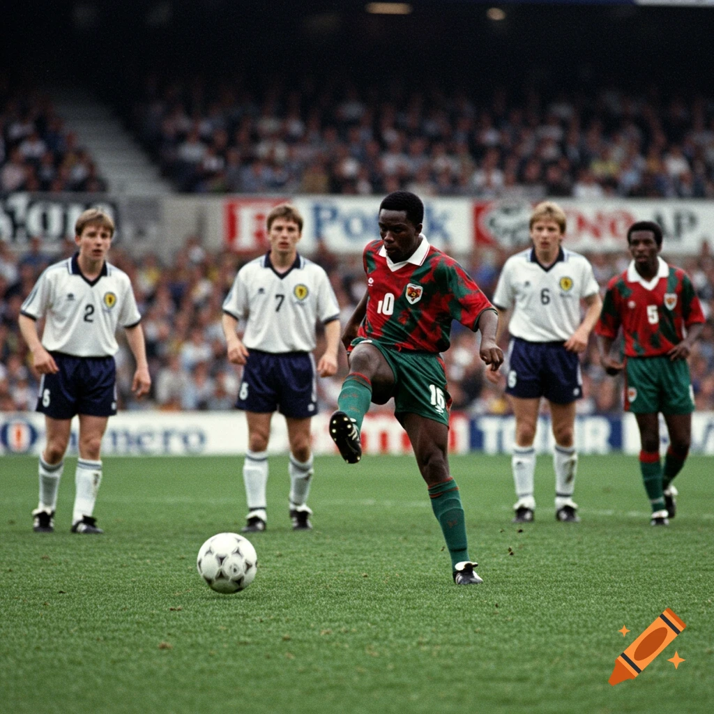 Photorealistic image of an African soccer player in a red and green uniform kicking a ball on a green field during a game, with white opposing players in white uniforms in the background.