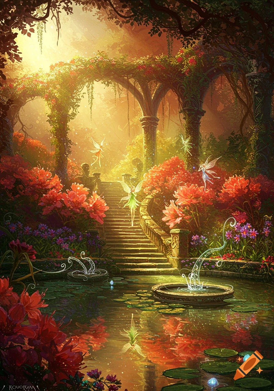 Sunlit fantasy garden with stone archways, red flowers, and a pond. Fairies fly and walk up a grand staircase.