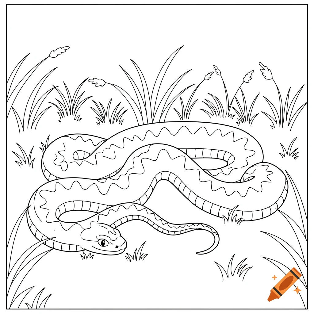 A black and white coloring page of an adder snake in tall grass.