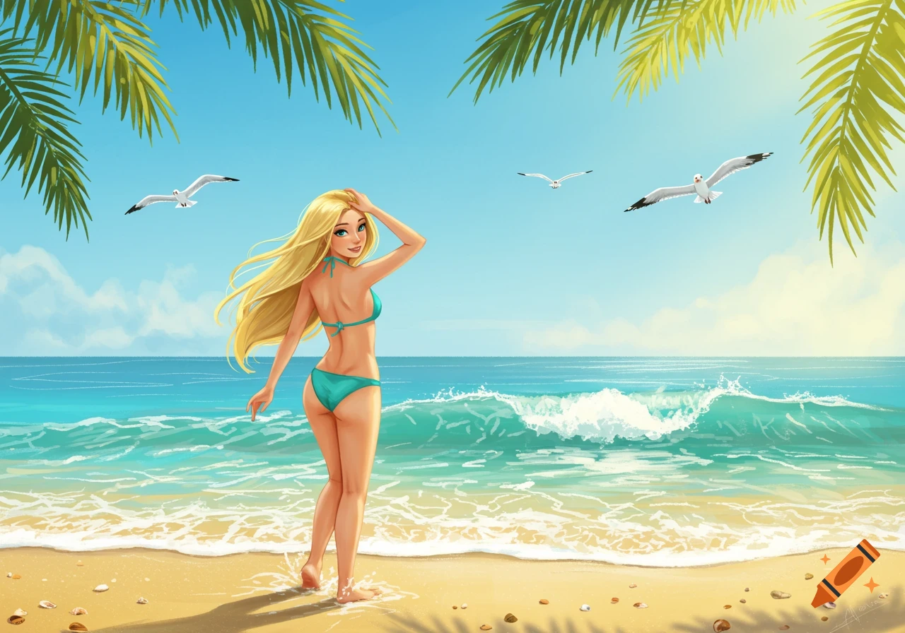 Illustration of a blonde woman in a teal bikini standing on a sunny beach with waves, palm trees, and seagulls.