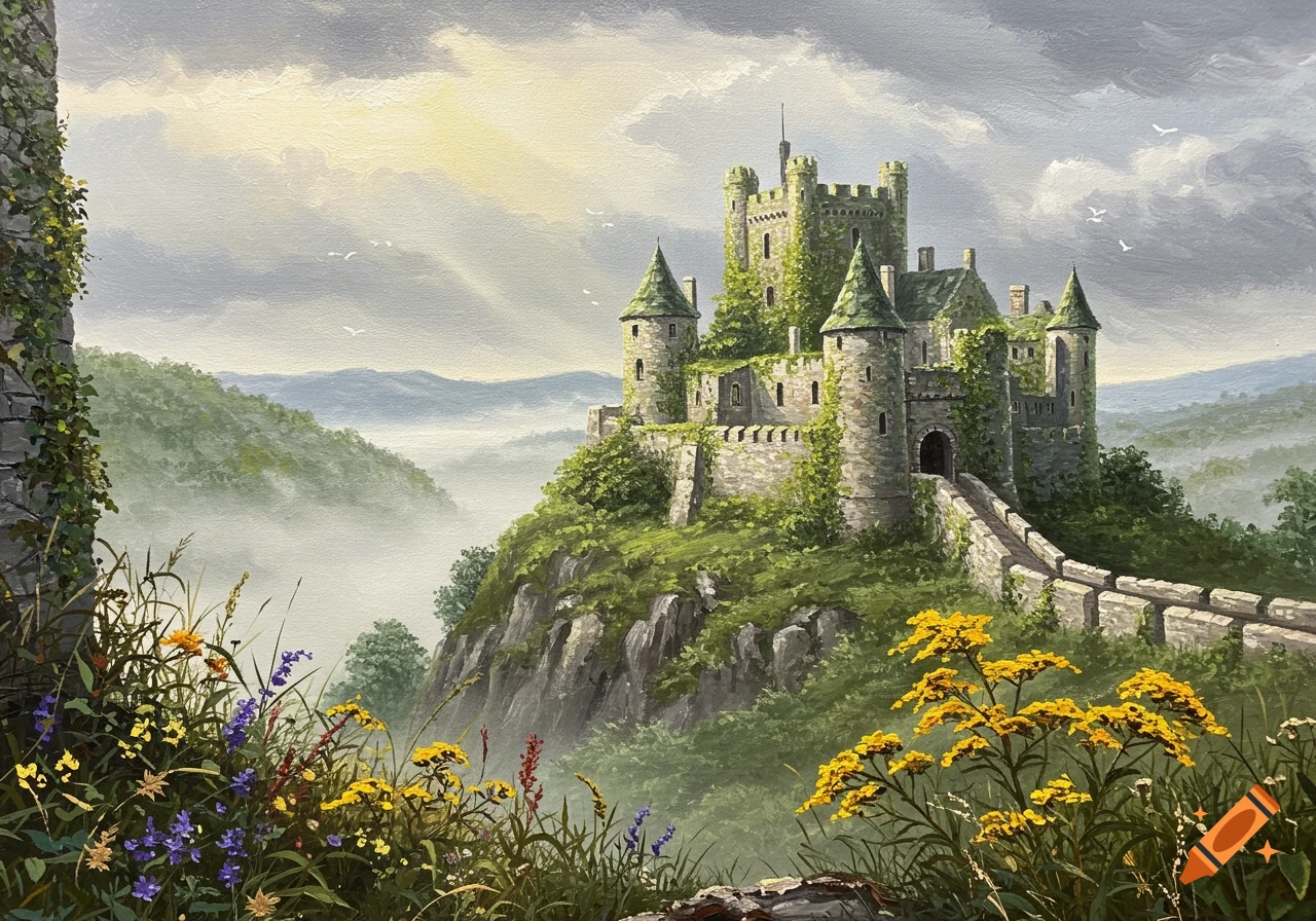 An acrylic painting of an old stone castle on a misty, vine-covered hill, surrounded by green mountains and colorful wildflowers.